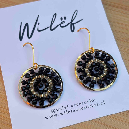 Aros Tejidos Cristales – Diseño Artesanal - Mini  Mandala Negra