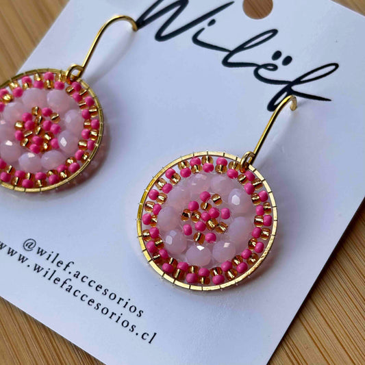 Aros Tejidos Cristales – Diseño Artesanal - Mini  Mandala Rosado