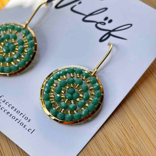 Aros Tejidos Cristales – Diseño Artesanal - Mini  Mandala Verde