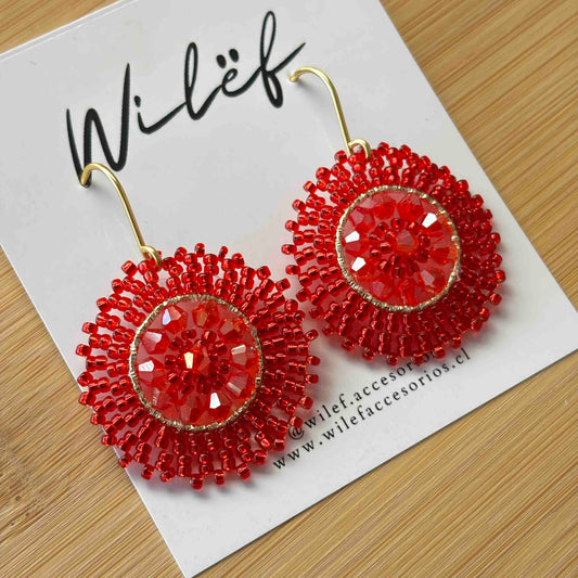 Aros Tejidos a Mano con Mostacillas / Mini Mandalas rojas