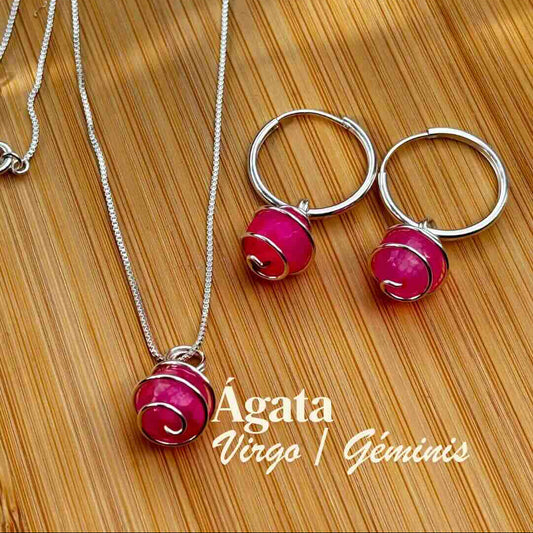 Ágata Fucsia, Conjunto Piedra Natural Plata 925  — Collar y Argollas