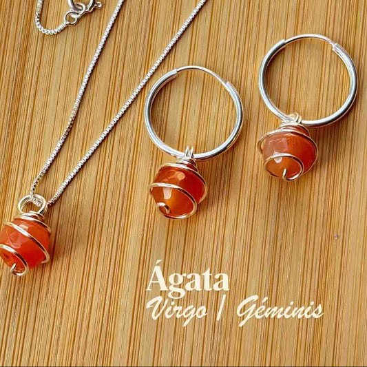 Ágata Naranja, Conjunto Piedra Natural Plata 925  — Collar y Argollas