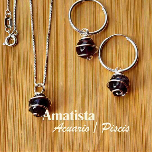 Amatista, Conjunto Piedra Natural Plata 925  — Collar y Argollas