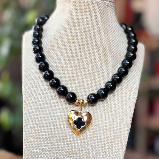 Collar Piedra Natural — Dije Corazón Acero, Piedra Ónix