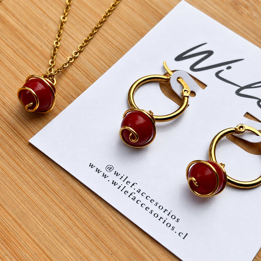 Ágata Roja, Conjunto Piedra Natural Acero Dorado  — Collar y Argollas