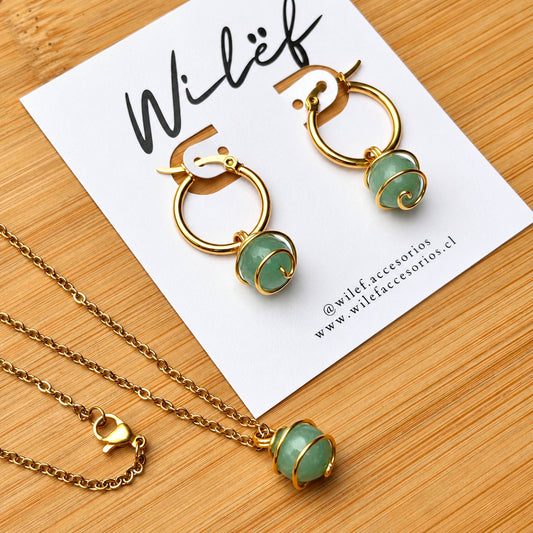 Ágata Turquesa, Conjunto Piedra Natural Acero Dorado  — Collar y Argollas