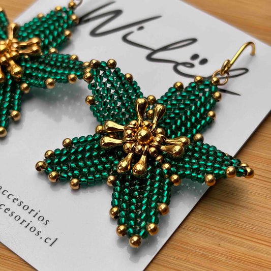 Aros Flor Tejida a Mano con Mostacillas Verde