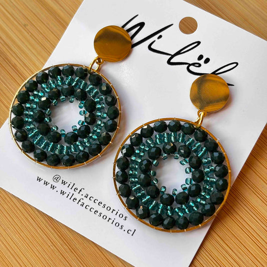 Aros Tejidos Cristales – Diseño Artesanal - Mandala Verde petróleo