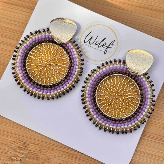 Aros Mandala Maxi Tejidos a Mano —  Morado Dorado