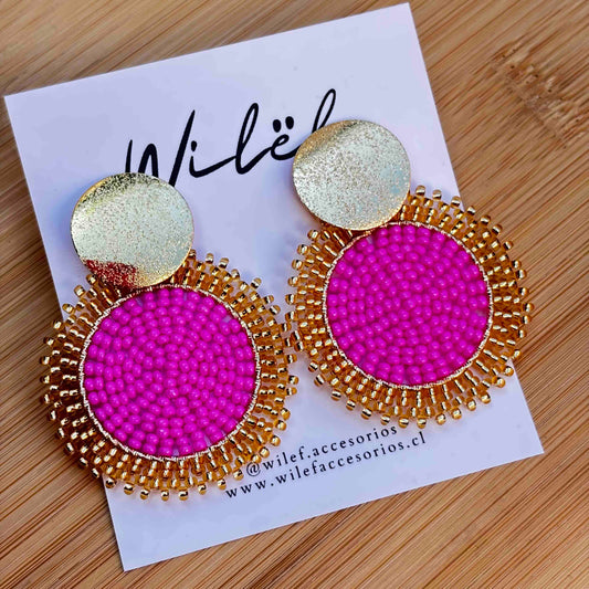 Aros Tejidos a Mano con Mostacillas / Mandalas Unicolor fucsia