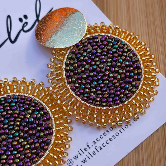 Aros Tejidos a Mano con Mostacillas / Mandalas Unicolor Morado tornasol