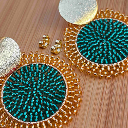 Aros Tejidos a Mano con Mostacillas / Mandalas  Unicolor Verde