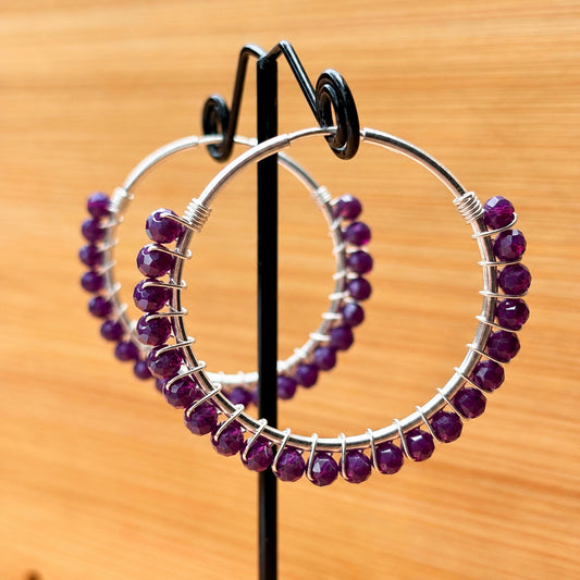 Maxi Argolla Plata 925 Tejida a Mano con Cristales Color Morado oscuro