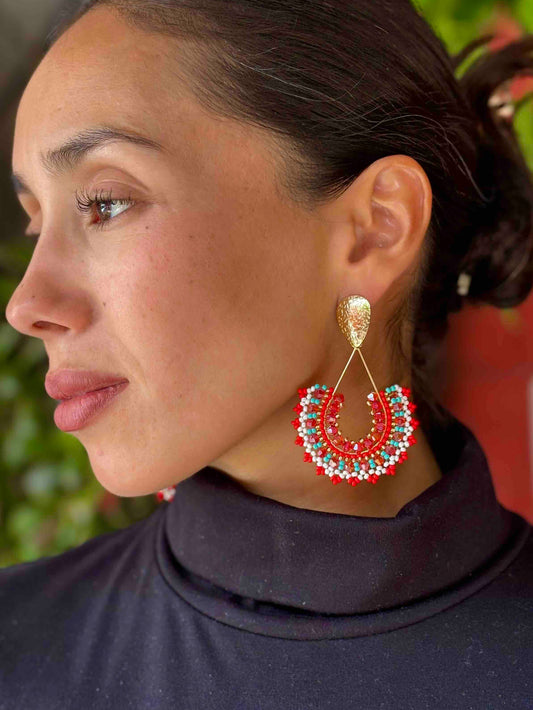 Aros Maxi Gota con Cristales y Mostacillas | Color Rojo