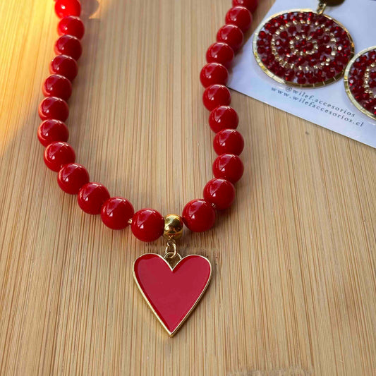 Collar Piedra Natural — Dije Corazón Acero, Ágata Roja