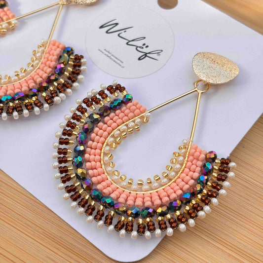 Aros Maxi Gota Tejidos a Mano — Marrón, Rosa,  Dorado