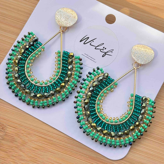 Aros Maxi Gota Tejidos a Mano — Verde, Turquesa, Dorado